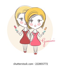 Sign of the Zodiac - Gemini. Vector illustration.  Cute little girl with flowers.  In the style of a sketch.