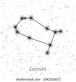 Sign zodiac gemini, white sky background, realistic. Astrological symbol of energy, curiosity and work. Vector illustration of ancient sacral theme