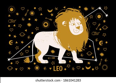 Signo del León zodiaco. Constelación de Leo. Ilustración vectorial en estilo plano.