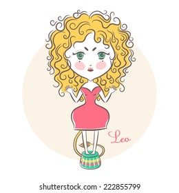 Sign of the Zodiac - Leo. Vector illustration.  Little cute girl in the image of a lion. In the style of a sketch.