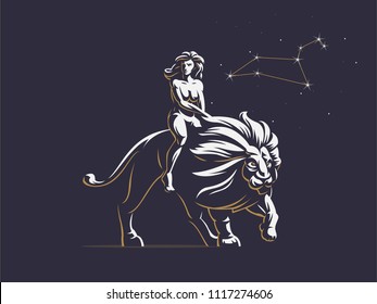 Sign of the zodiac Leo. A woman is riding a lion. Constellation of Leo. Vector illustration.