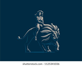 Sign of the zodiac Leo. A woman is riding a lion. Vector illustration.