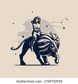 Sign of the zodiac Leo. A woman is riding a lion. Constellation of Leo. Vector illustration.