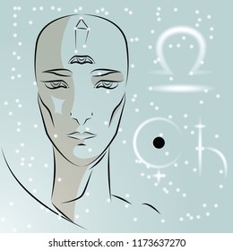 Sign of zodiac Libra. Girl is fortuneteller with third eye, constellation, sign of zodiac and planet as protector. Vector background of stars. Trigon of air.