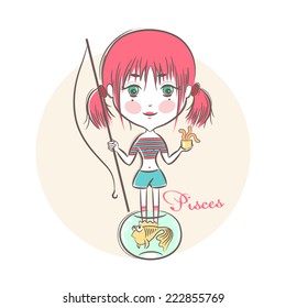 Sign of the Zodiac - Pisces. Vector illustration.  Little cute girl with a fishing rod and fish.  In the style of a sketch.