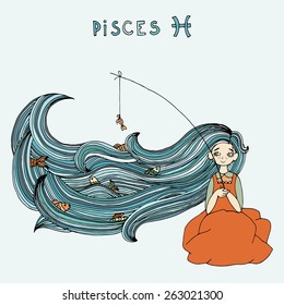 Sign of the Zodiac - Pisces. Vector illustration. Little cute girl with a fishing rod and fish. In the style of a sketch.