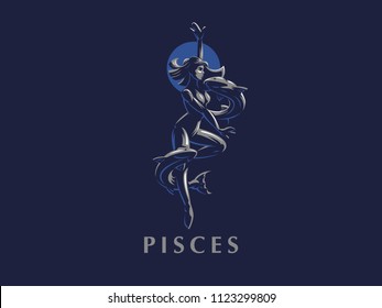 Sign of the Zodiac Pisces. A woman and two fish. Vector illustration.