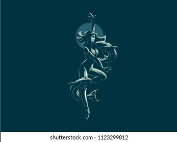 Sign of the Zodiac Pisces. A woman and two fish. Vector illustration.