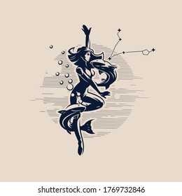 Sign of the Zodiac Pisces. A woman and two fish. Vector illustration.