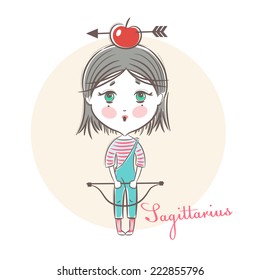 Sign of the Zodiac - Sagittarius. Vector illustration.  Little cute girl with an apple on his head. In the style of a sketch.