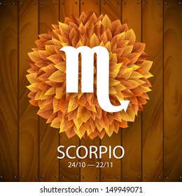 Sign of the zodiac. Scorpio horoscope. white sign with a circle of autumn leaves. Wooden planks background