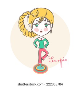 Sign of the Zodiac - Scorpio. Vector illustration.  Little cute girl doing gymnastics.  In the style of a sketch.