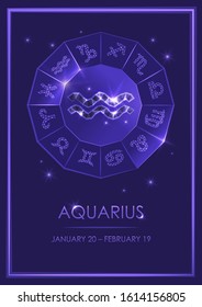 Sign of the zodiac with a signature. Aquarius. Template for flyers of fortune-telling cards, predictions, advertising, horoscopes