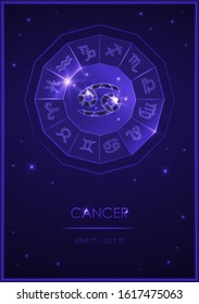 Sign of the zodiac with a signature. Cancer sign in a diamond. Template for flyers of fortune-telling cards, predictions, advertising, sales, horoscopes