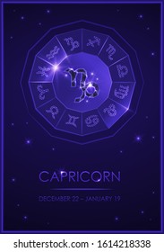 Sign of the zodiac with a signature. Capricorn. Template for flyers of fortune-telling cards, predictions, advertising, horoscopes