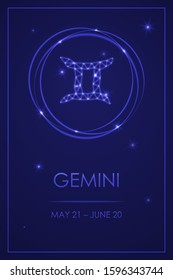 Sign of the zodiac with a signature. Gemini zodiac star sign. Template for flyers of fortune-telling cards, predictions, advertising, horoscope