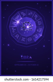 Sign of the zodiac with a signature. Libra. Template for flyers of fortune-telling cards, predictions, advertising, horoscopes