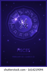 Sign of the zodiac with a signature. Pisces. Template for flyers of fortune-telling cards, predictions, advertising, horoscopes