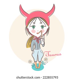 Sign of the Zodiac - Taurus. Vector illustration.  Little cute girl with a glass of milk.  In the style of a sketch.