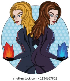 Sign of the zodiac - Twins, in the form of two stylized women with fire and water