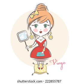 Sign of the Zodiac - Virgo. Vector illustration.  Little cute girl with a mirror and a pillow.  In the style of a sketch.