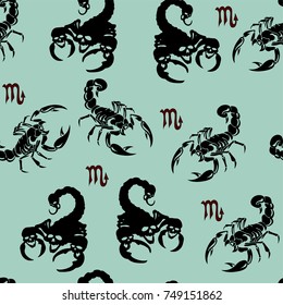 Sign of the zodiac-Scorpio, Seamless pattern, (wallpaper,) on a blue background, vector