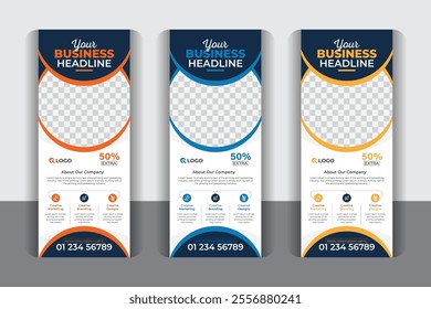 Signage advertising design, 3 Color variation corporate business roll up banner design, modern x banner template.
