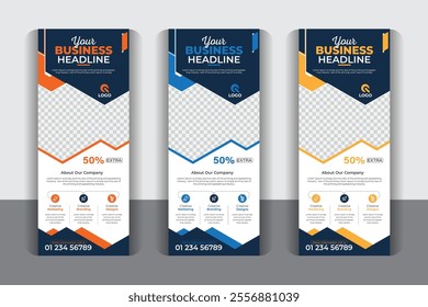 Signage advertising design, 3 color variation corporate business roll up banner design. Unique, modern, creative, luxury, colorful, stylish and professional business roll up banner design. 
