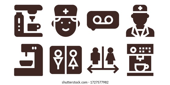 signage icon set. 8 filled signage icons.  Simple modern icons such as: Coffee machine, Wc, Doctor, Recording