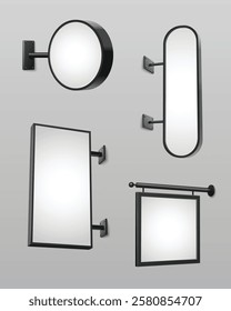 Signage mockup collection with modern black frames - round illuminated lightbox, capsule display, vertical rectangular board and square panel. Wall mounted templates for retail storefront branding.