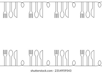 Signage with  One Line spoon, knife, fork and copy space.  Big horizontal Banner with Line art Kitchen Cutlery . Vector illustration.
