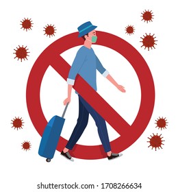A signage prohibition for those who want to return to their hometown or travel during the coronavirus pandemic. Vector of a man who wear masks and carrying luggage.