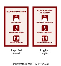 Signage Of Required For Entry For Stores, Restaurants, Malls, Theme Parks, Offices And Public Places, Two Idioms Spanish And English