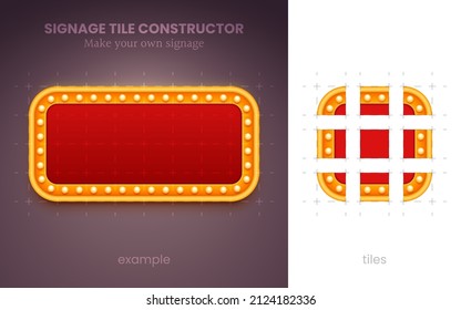 Signage tile constructor. Make your own retro lightbox sign board with bulbs. Classic cinema or marquee sign design. Vector illustration