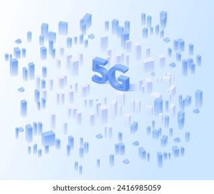 The Signal of 5G signal on abstract isometric 3d cityscape. Networks to distribute fast signals on area. Wireless network communication on map of city. Vector illustration