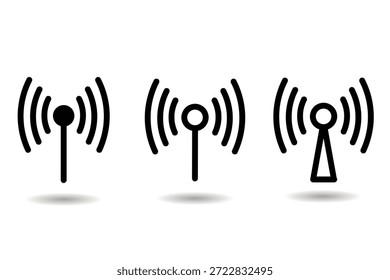 Conjunto de ícones de sinal e antena representando comunicação e conectividade wireless. Perfeito para aplicativos de tecnologia, interfaces de rede e ilustrações de telecomunicações.