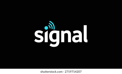 O logotipo do aplicativo Signal, apresentado em texto branco nítido com um símbolo azul sem fio distinto, destaca-se contra um fundo preto intenso. Este