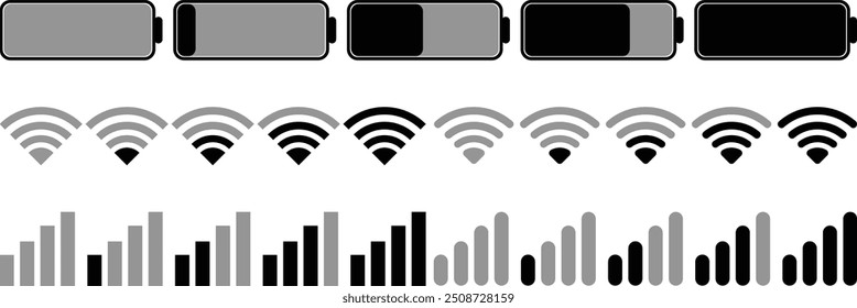 Signal and Battery Icons: Network Strength, Charge Level, and WiFi Status Vectors