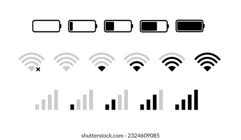 Signal and battery icons. Battery status. Network signal strength and telephone charge level. Wifi internet wireless loading. Vectors.