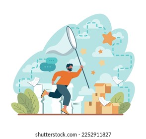 Signal concept. Person recieving or giving signal source. Allert sign, character looking for a message. Flat vector illustration