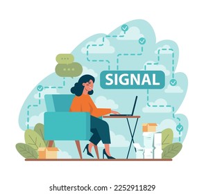 Signal concept. Person recieving or giving signal source. Allert sign, character looking for a message. Flat vector illustration