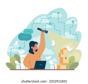 Signal concept. Person recieving or giving signal source. Allert sign, character looking for a message. Flat vector illustration