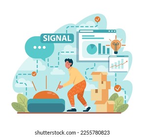 Signal concept. Person recieving or giving signal source. Allert sign, character looking for a message. Flat vector illustration