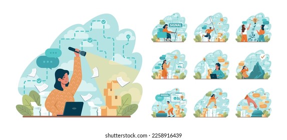 Signal concept set. Person recieving or giving signal source. Allert sign, character looking for a message. Flat vector illustration