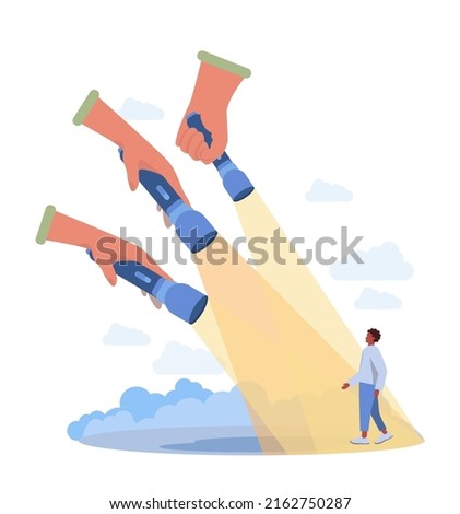 Signal concept set. Person recieving or giving signal source. Allert sign, character looking for attention. Flat vector illustration