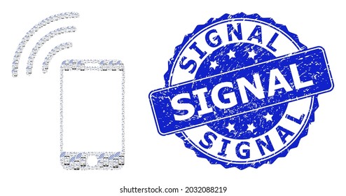 Signal corroded round stamp seal and vector recursive mosaic cellphone signal. Blue stamp seal includes Signal title inside round shape. Vector mosaic is composed of scattered cellphone signal items.