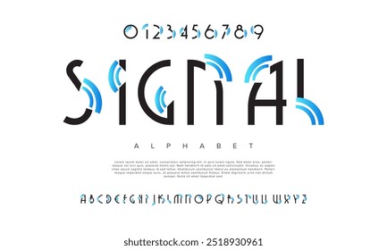 Signal creative modern geometric urban alphabet font. Digital abstract futuristic, game, techno, robot, music, logo, sport, minimal technology typography. Simple numeric vector illustration