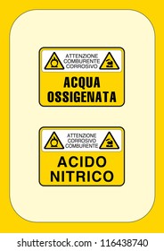 signal danger: corrosive hydrogen peroxide oxidizing attention - attention corrosive oxidizing nitric acid