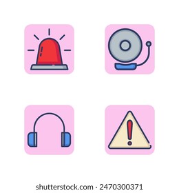 Signal and danger notification line icon set. Attention sign, warning light, alarm bell, hearing protection device. Hazard warning and alarm signal concept. Vector illustration for web design and app