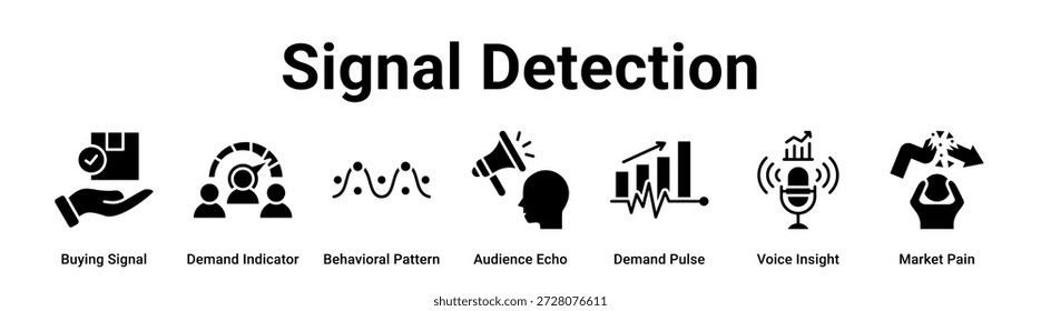 Concepto de Ilustración vectorial de ícono de Anuncio de Web de detección de señal para negocios con ícono de compra de señal, indicador de demanda, patrón de comportamiento, eco de audiencia, pulso de demanda, visión de voz.